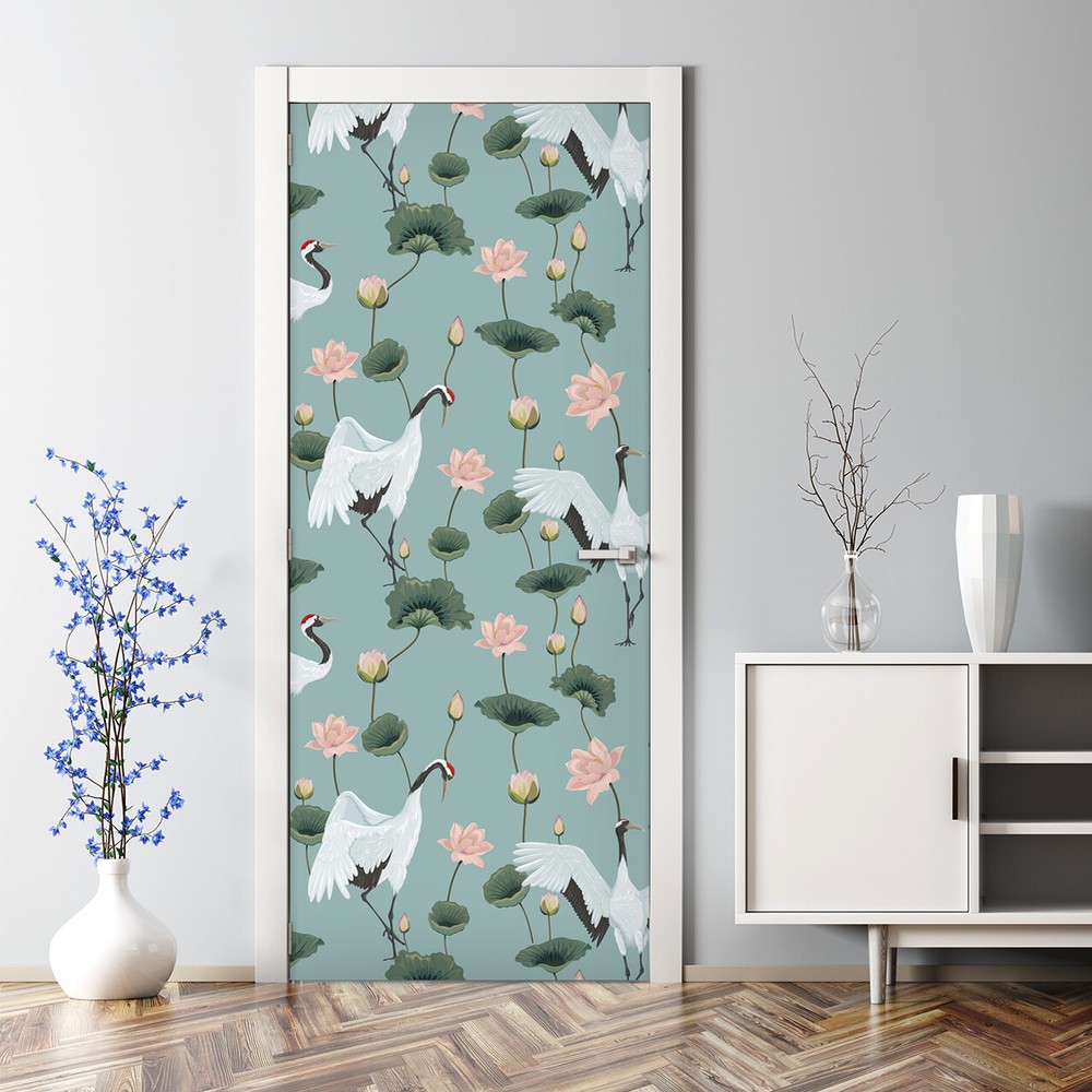 Pastel blue and white bubble-free crane door sticker for home decor