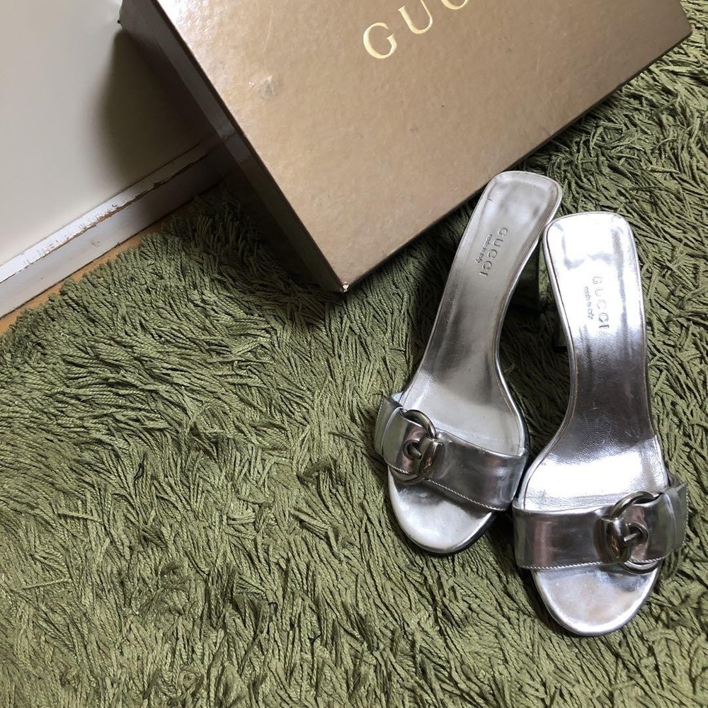 Gucci Silver Womens Heel Mule Sandals Size 35 Used Ag1124