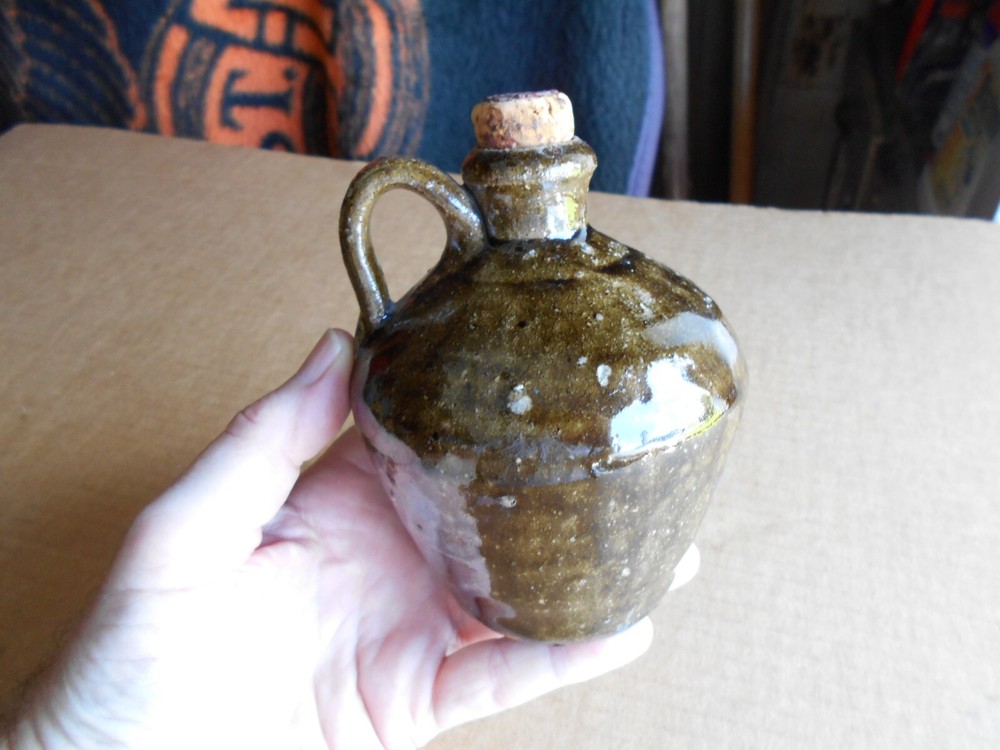 Antique Estate North Carolina Alkaline Tobacco Drip Glaze Stoneware Jug - Small
