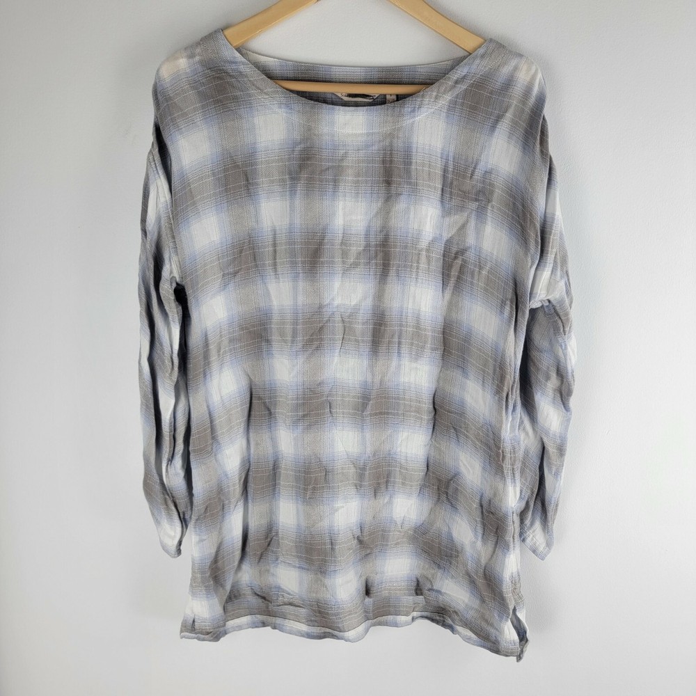 Soft Surroundings womens button up sleeve crew neck tunic gray white sz S