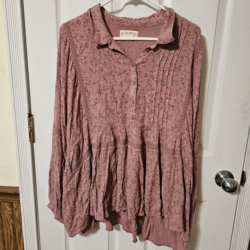 Lucky Brand Peasant Top Women's Large Floral Boho Y2K Cowgirl Country Farm
