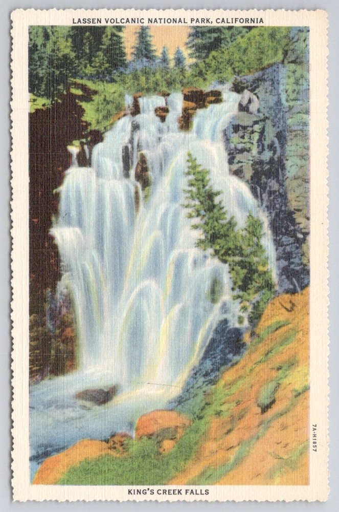 Lassen Volcanic NP King's Creek Falls CA Linen Postcard Curteich 1937