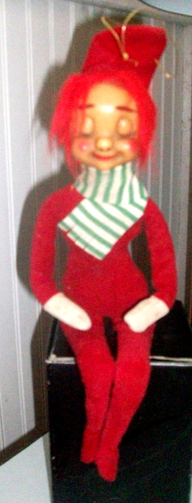 Vintage 1960s Christmas Elf knee hugger shelf doll red suit red hair Japan 15