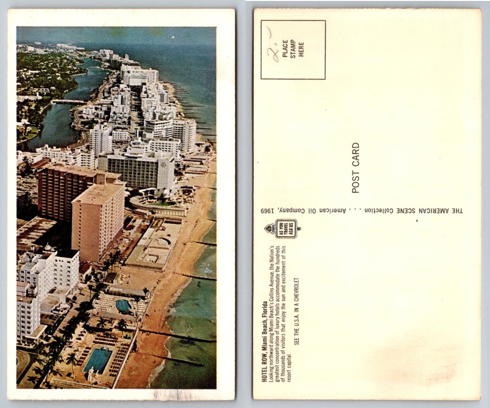 1969 Miami Beach Florida Hotel Row Aerial View Postcard American Oil Amoco