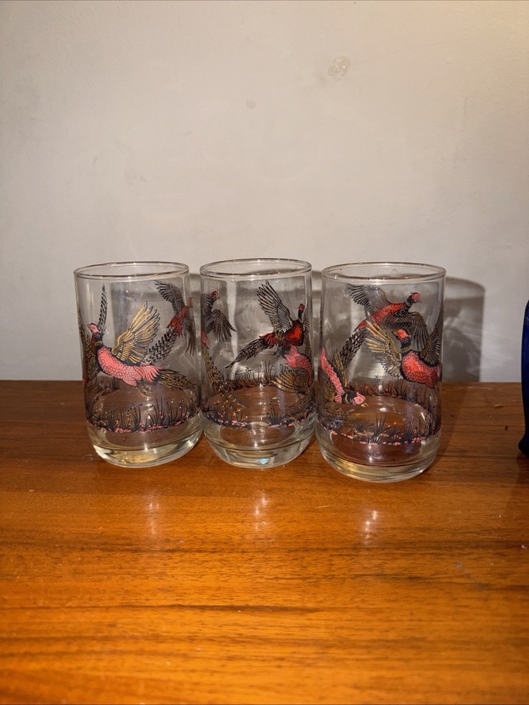 Vintage Hazel Atlas Pheasant Hunting Drinking Glasses Set Of 3