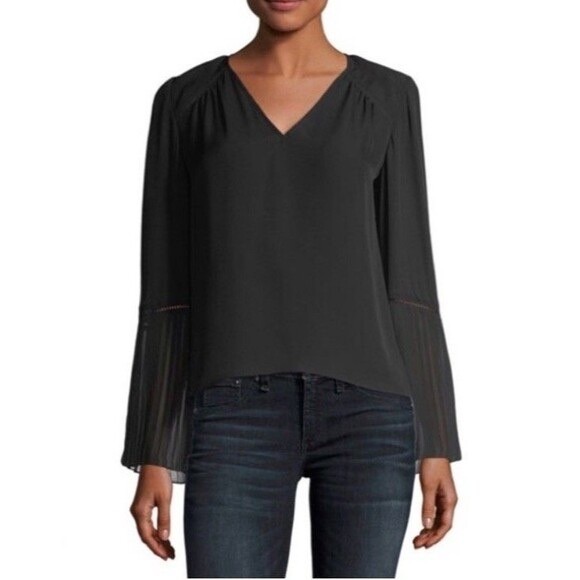 Ramy Brook Sonia Blouse Silk Pleated Sleeves V-Neck Black Size XS
