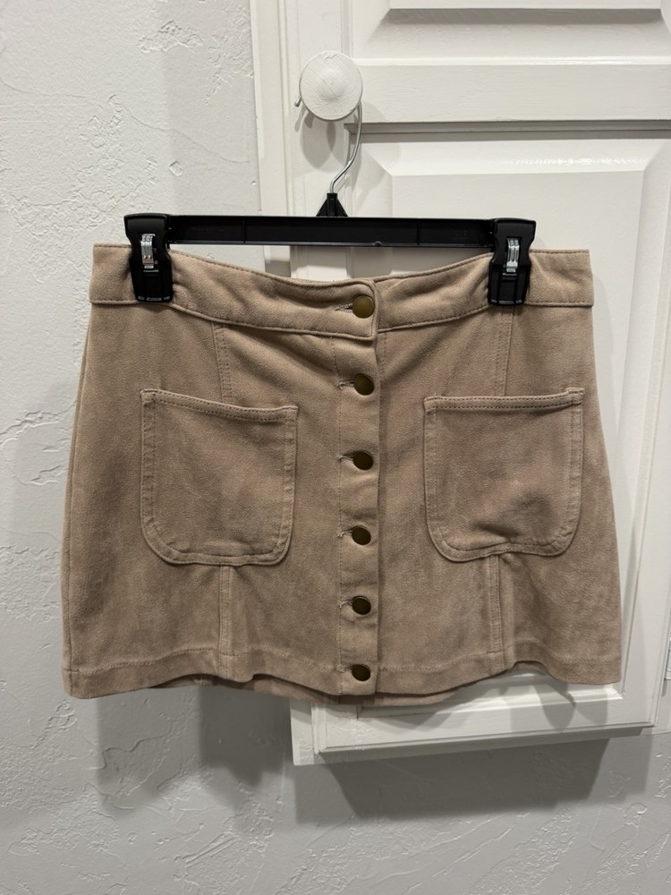 Altar'd State Women's Beige Suede Mini Skirt Button Front Pockets Size S