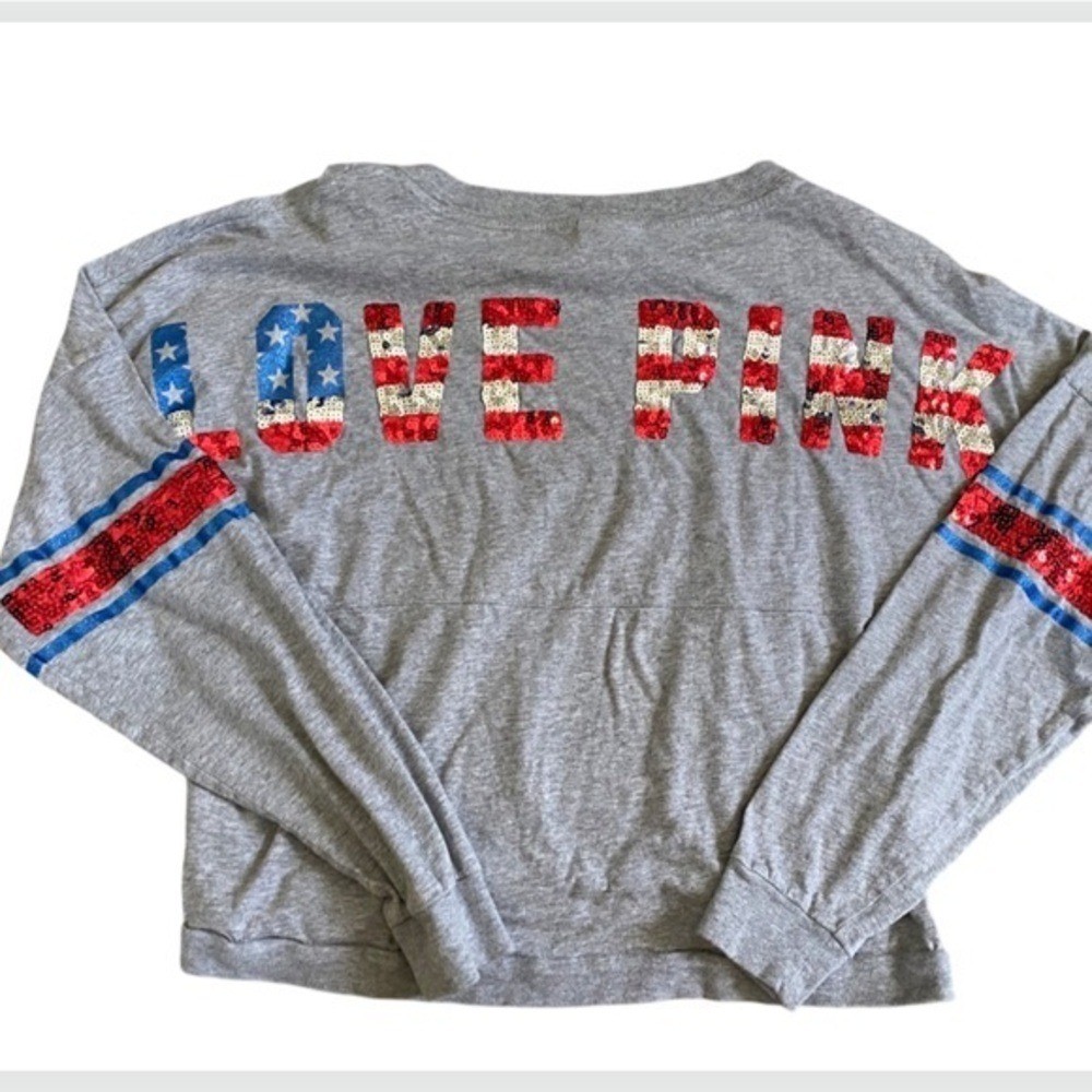 PiNK Victoria's Secret Bling Sequin American Flag Patriotic Long Sleeve Shirt