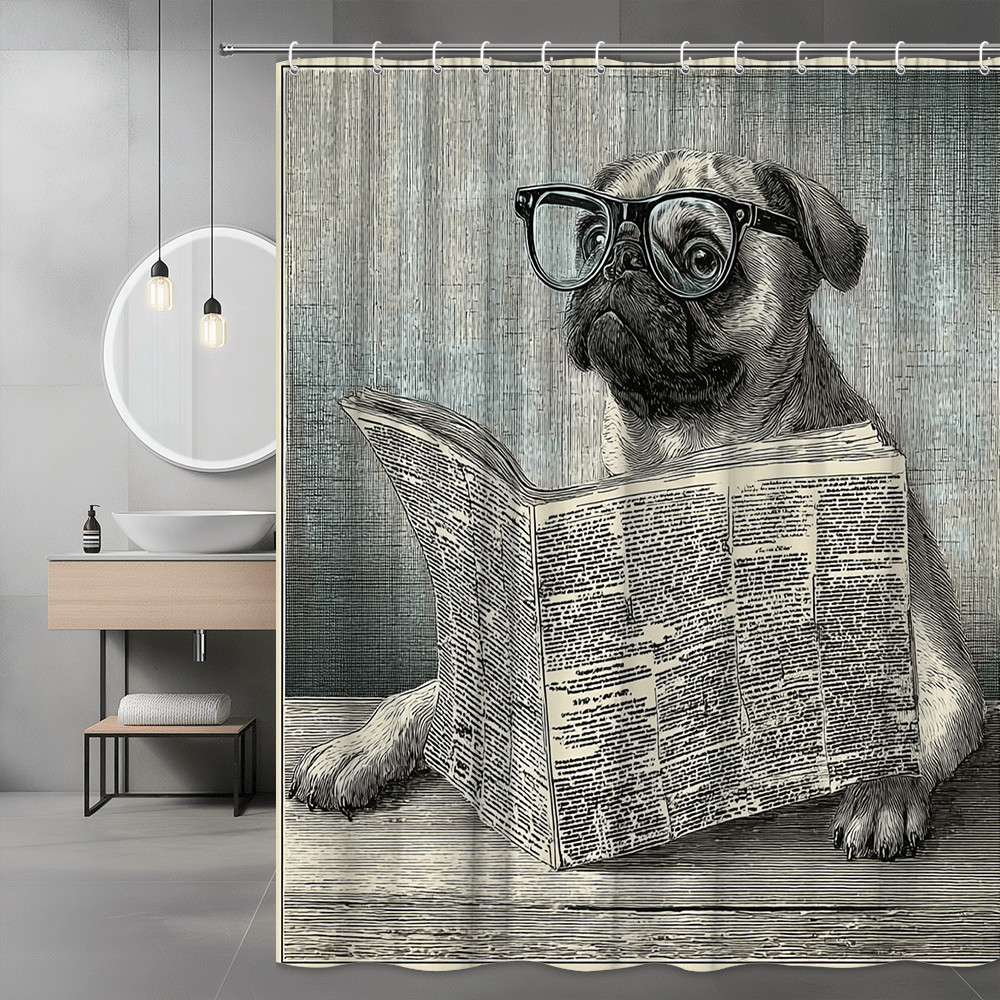 Pug Reading Newspaper Shower Curtain, Vintage Dog Print