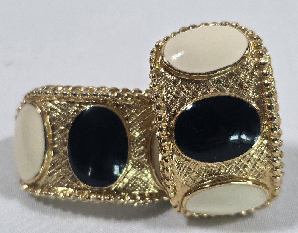 Vintage 80's Clip-On Earrings Bold Black White Enamel Half Hoops Gold Tone