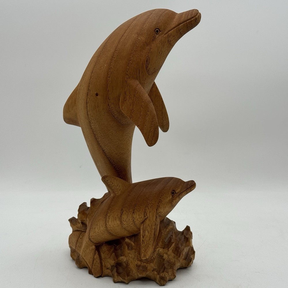 Hand Carved Wooden Dolphin And Baby Statue Sculpture Home Decor Figurine 12”
