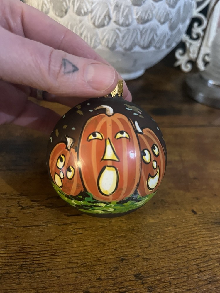 Hand Painted Blown Glass Ornament Jack O Lanterns Halloween and Christmas Decor