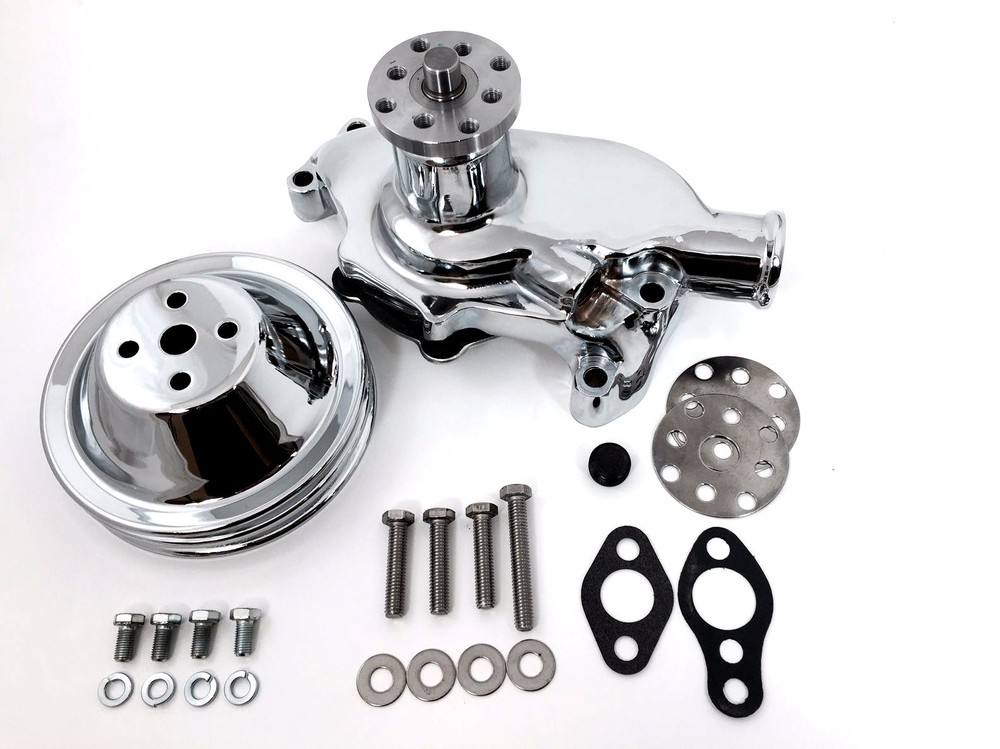 SB Chevy Water Pump Short SBC 350 V8 High Volume CHROME Pulley Kit 2 Grooves