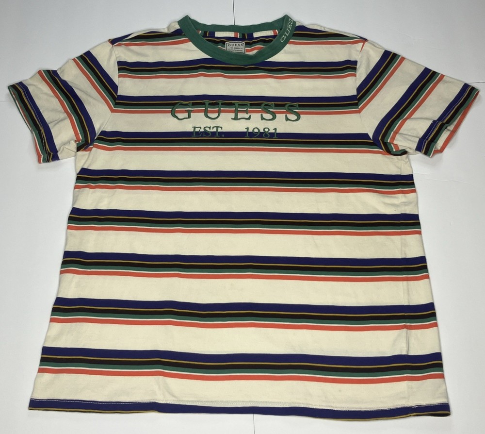 Guess 1981 Retro Multicolor Embroidered Logo Striped T Shirt Mens Large Vtg 90s