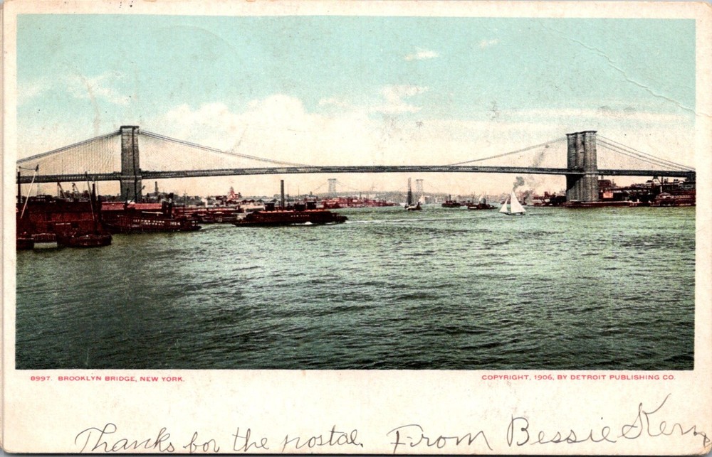 East River Bridge NYC New York Brooklyn Bridge Historic Landmark Postcard 1906