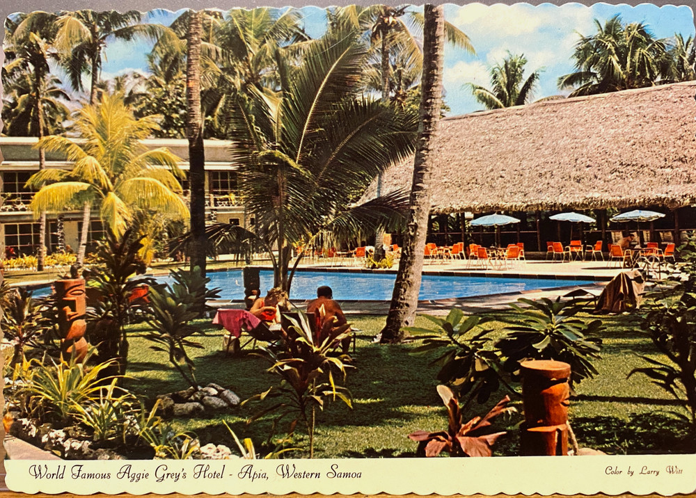Vintage Postcard AGGIE GREY'S HOTEL Apia Western Samoa Pool Fiafias Chrome WW