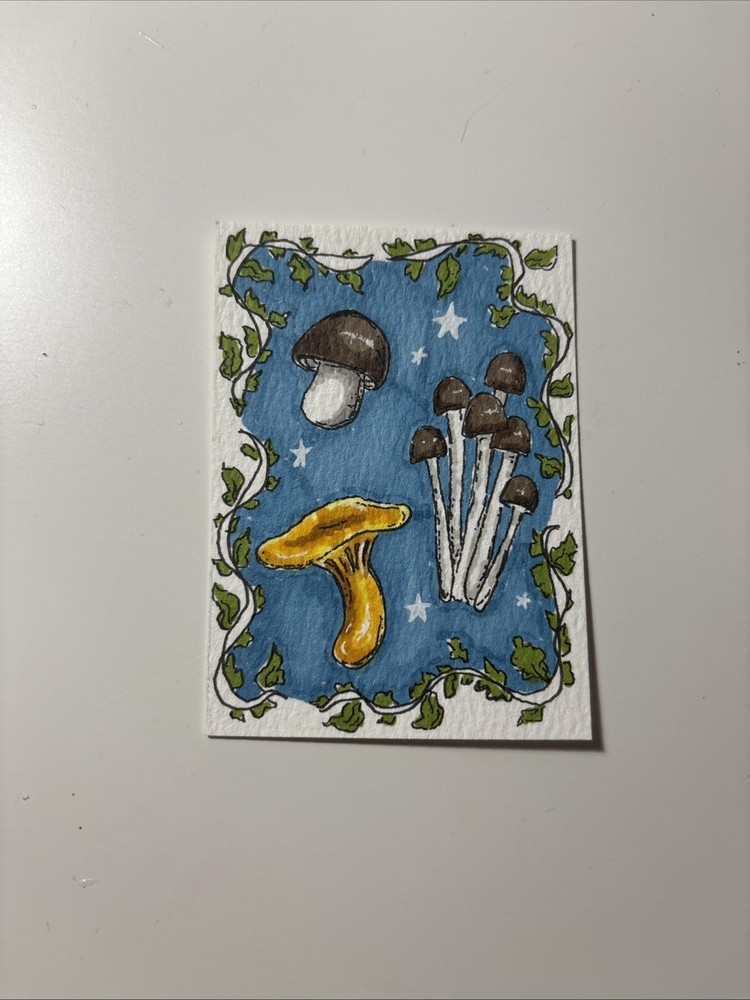 ACEO Original Drawing Of Mushrooms On Paper By Janie 2.5x3.5