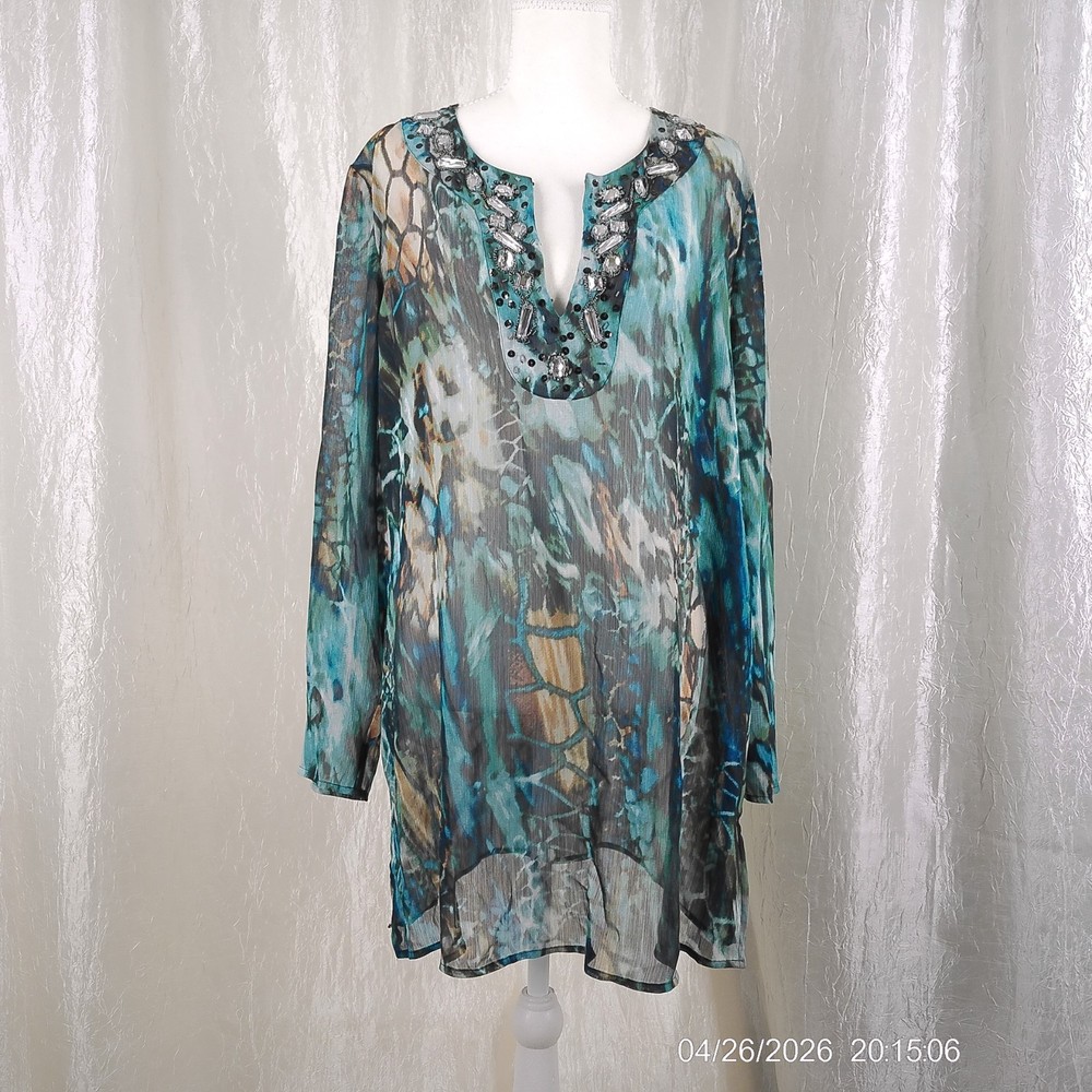 NWT Chico's Clustered Serpent Naja Bejeweled Multi-colored Sheer Size 2 Tunic