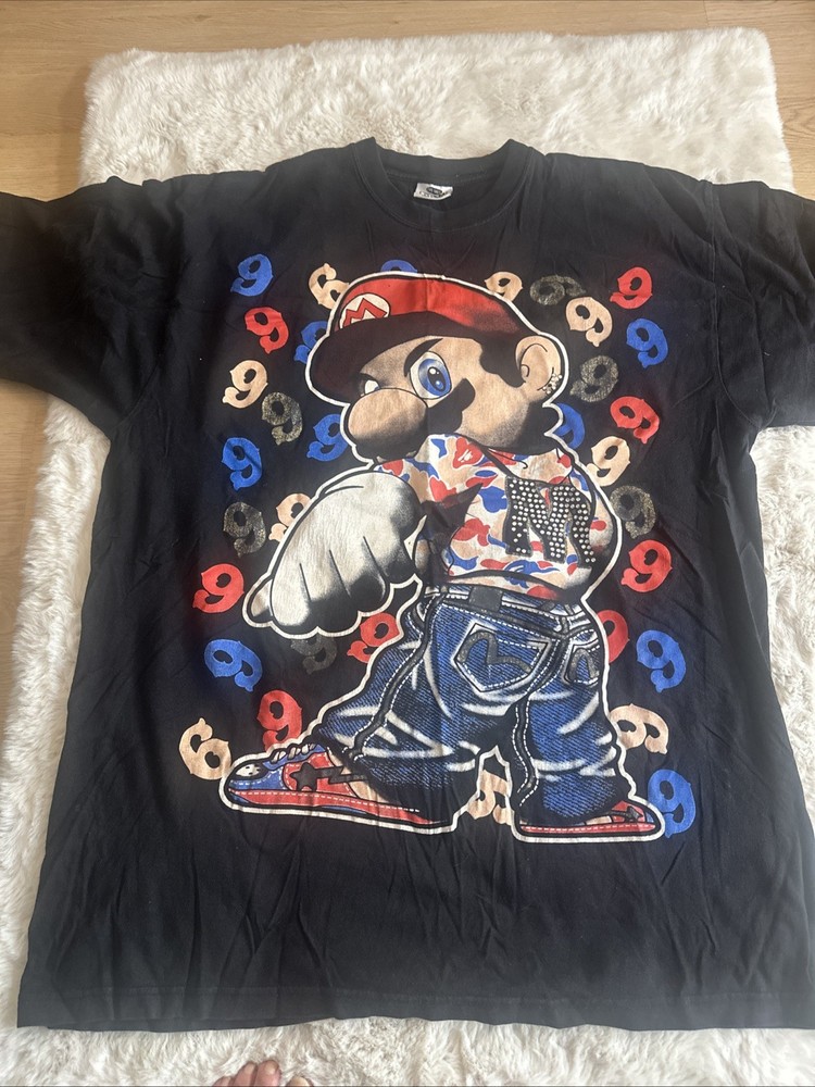 Vintage Y2K Mario Rhinestone Bling Baggy Jeans Rap Tee Shirt 2XL