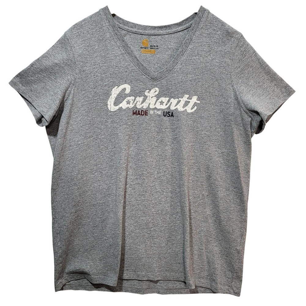 Carhartt Womens XL Gray Relaxed Fit V-Neck Graphic T-Shirt Made in USA