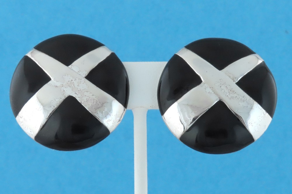 * 1960s - VENDOME - LARGE VINTAGE BLACK ENAMEL & SILVER TONE METAL EARRINGS