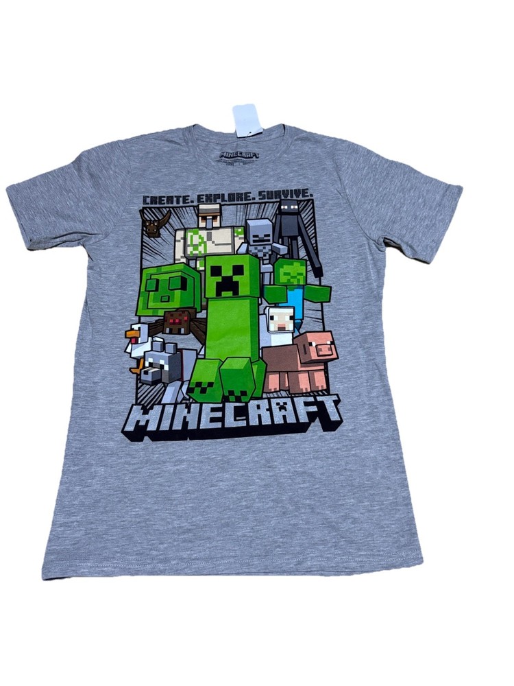 Minecraft Kids Shirt L Gray Creeper Graphic Tee Create Explore Survive NWT