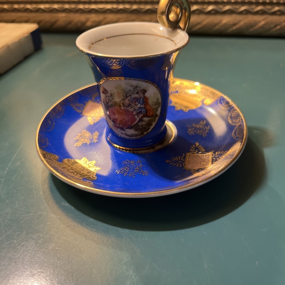 Antique Royal Vienna Courting Couple Blue Gold Demitasse Cup Saucer Beehive Mark