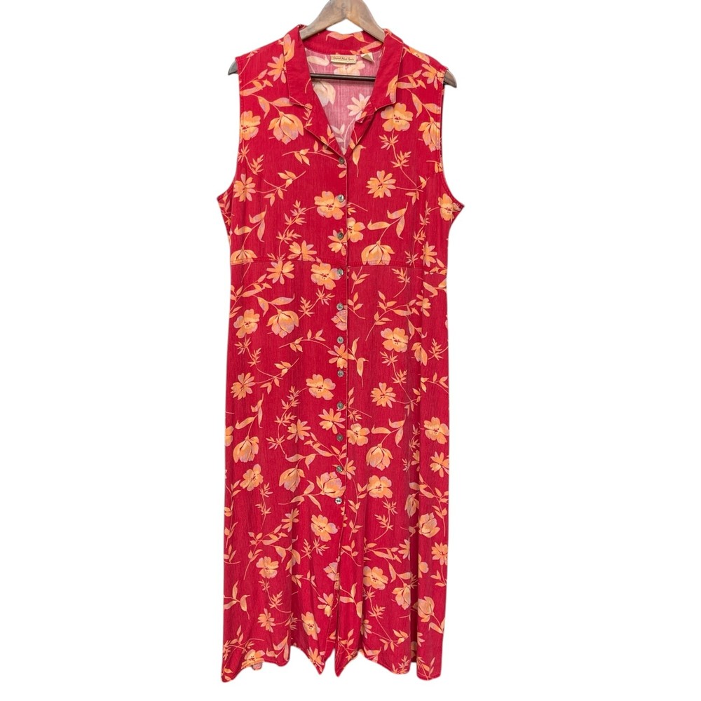 Original Island Sport Maxi Shirt Dress Women Size 18 Red Floral 100% Rayon