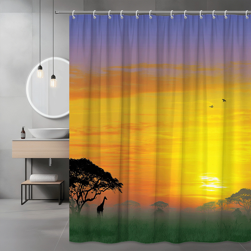Safari Sunset Shower Curtain African Landscape Giraffe Silhouette