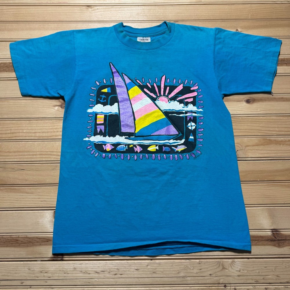 Vintage 80s Sailboat Fish Beach Summer Surf Graphic T-Shirt USA Made Size Large