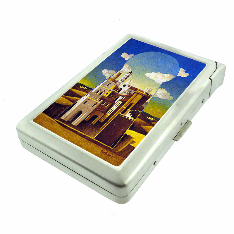 Key Hole City Em1 100's Size Cigarette Case with Built in Lighter Metal Wallet