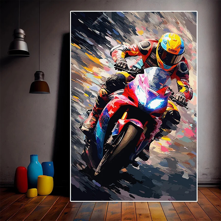 Abstract Graffiti Colorful Motorcycle Racing Canvas Painting Wall Art Home Decor-image