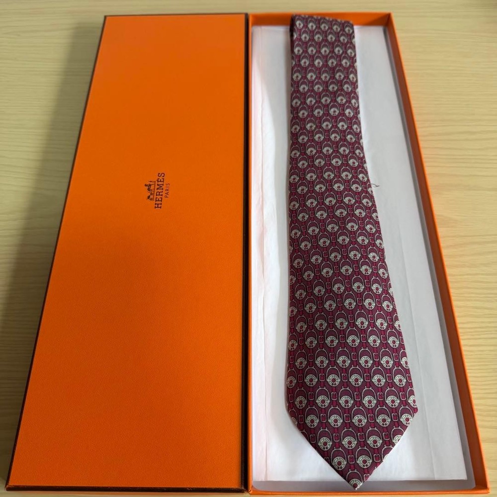 HERMES Necktie Tie Red 100% Silk Made in France All over belt pattern Authentic