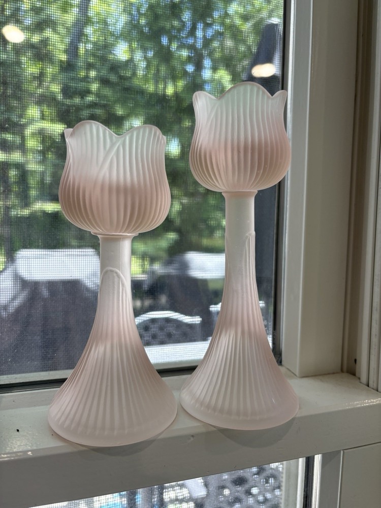 Vintage Pink Frosted Glass Tulip Pair Candle Holders