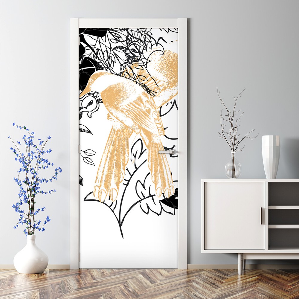 Birds Flower Pattern Black and Yellow Self Adhesive Door Decal Door Decal