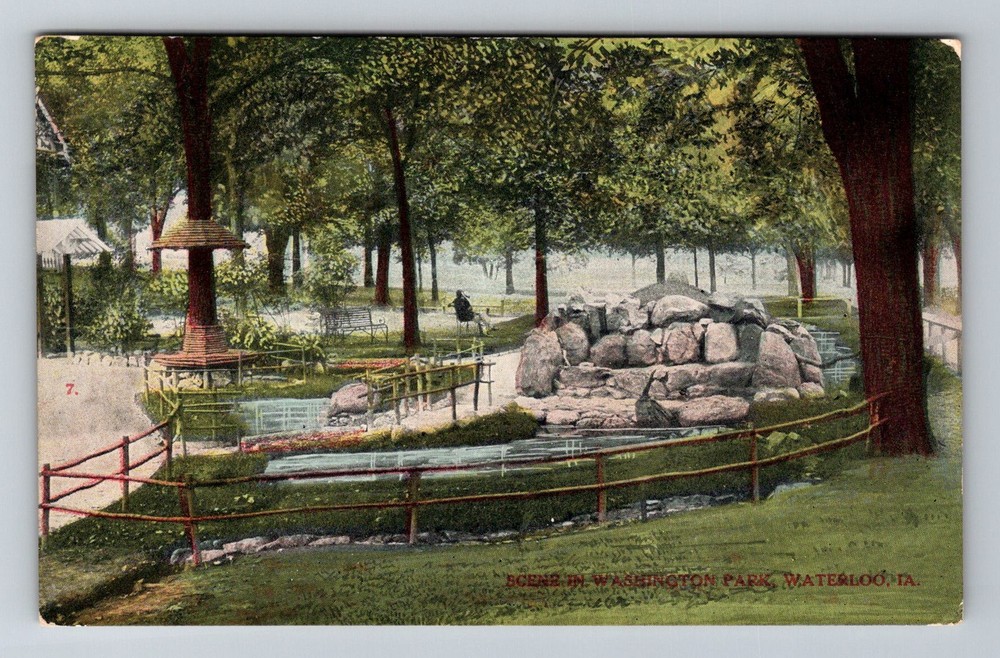 Waterloo, IA-Iowa, Washington Park Rock Garden Fountain Scene Vintage Postcard