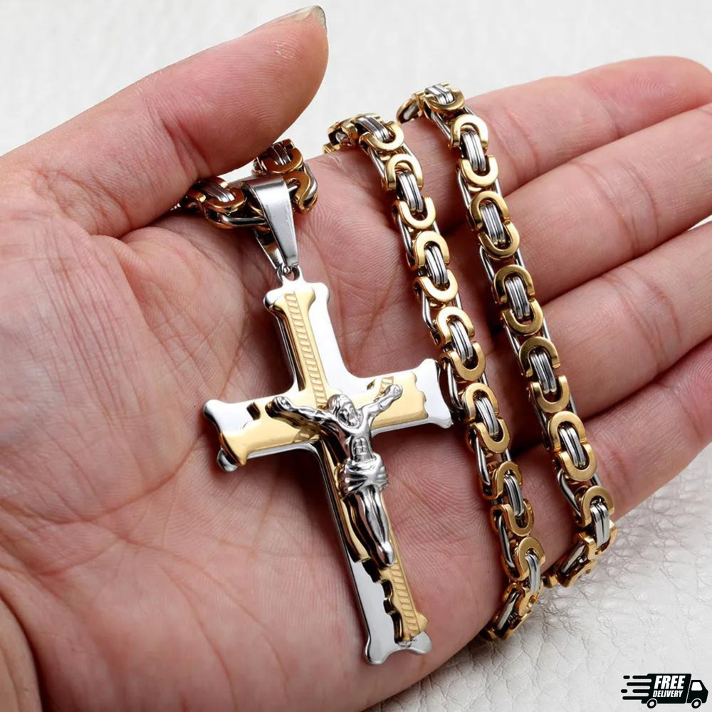 Men's Link Stainless Steel Christ Jesus Crucifix Cross Pendant Necklace Chain