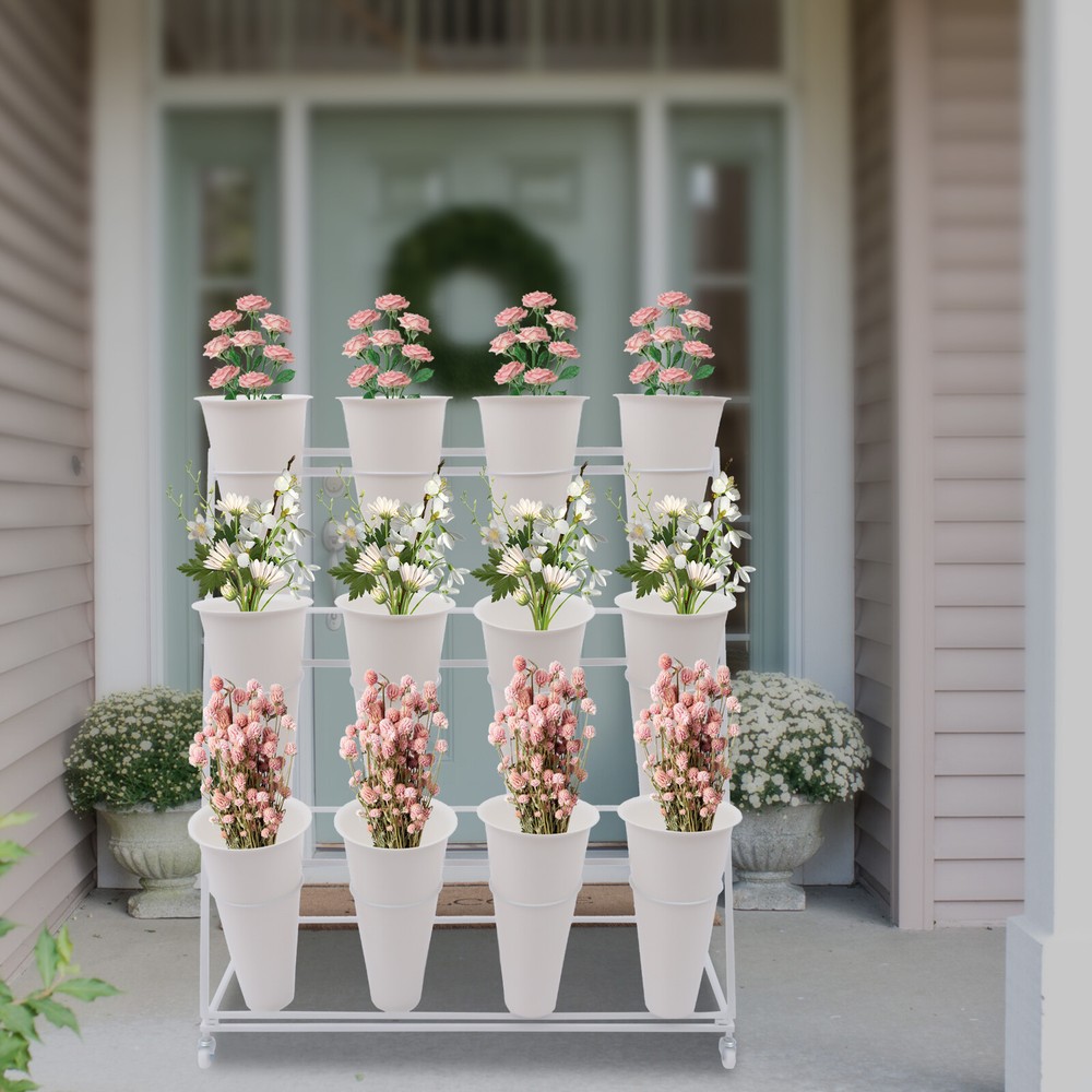 3-Tier Flower Display Stand Metal Storage Rack W/ 12 buckets Balcony Garden