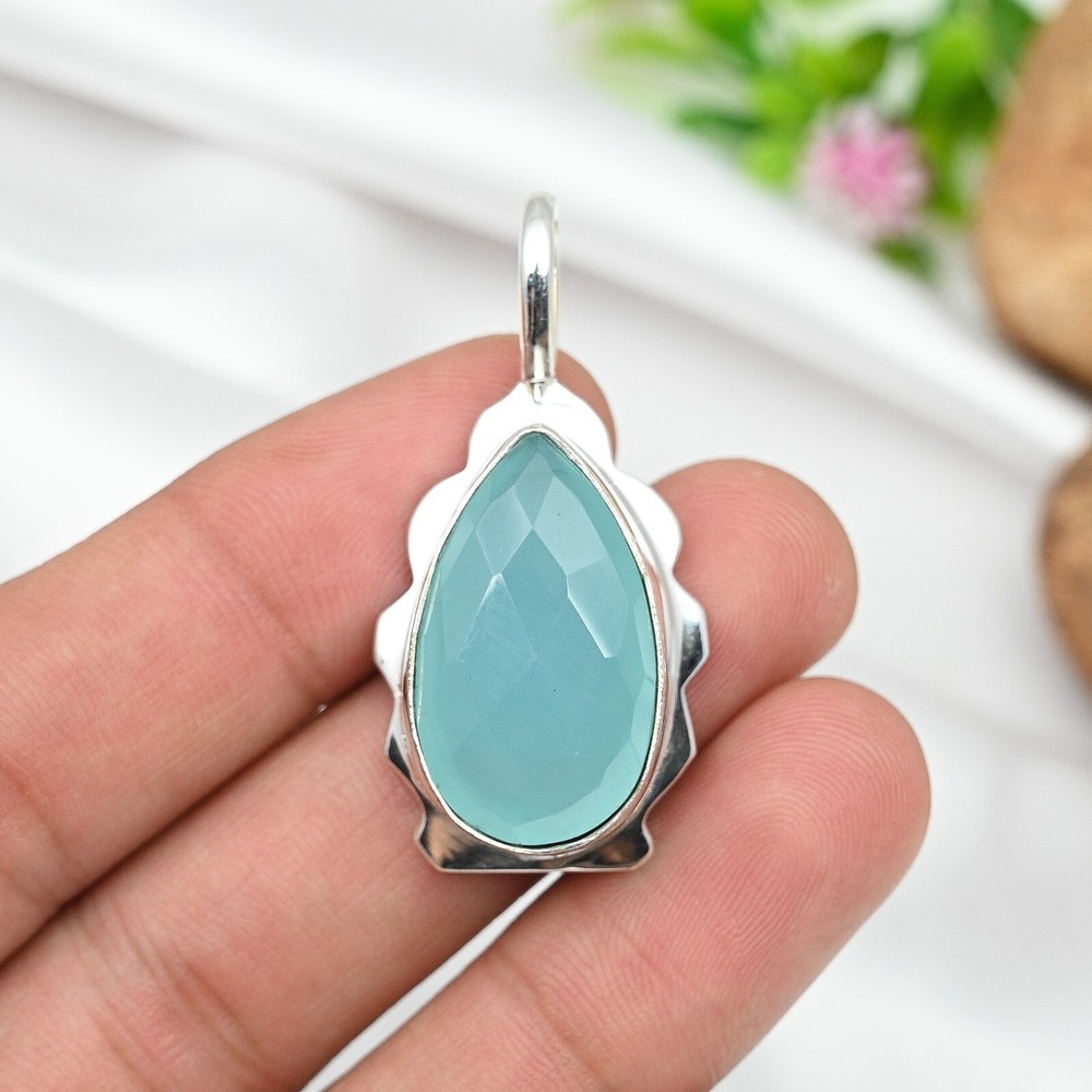 Blue Chalcedony Pear Pendant Handmade 925 Sterling Silver Jewelry Gift