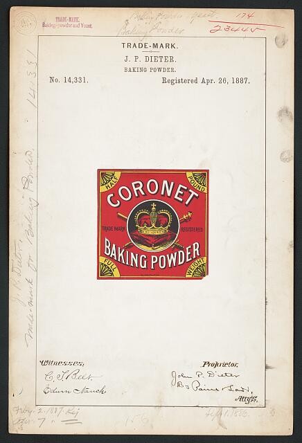 Photo:1887 Coronet Baking Powder Trademark Registration J.P. Dieter Poster