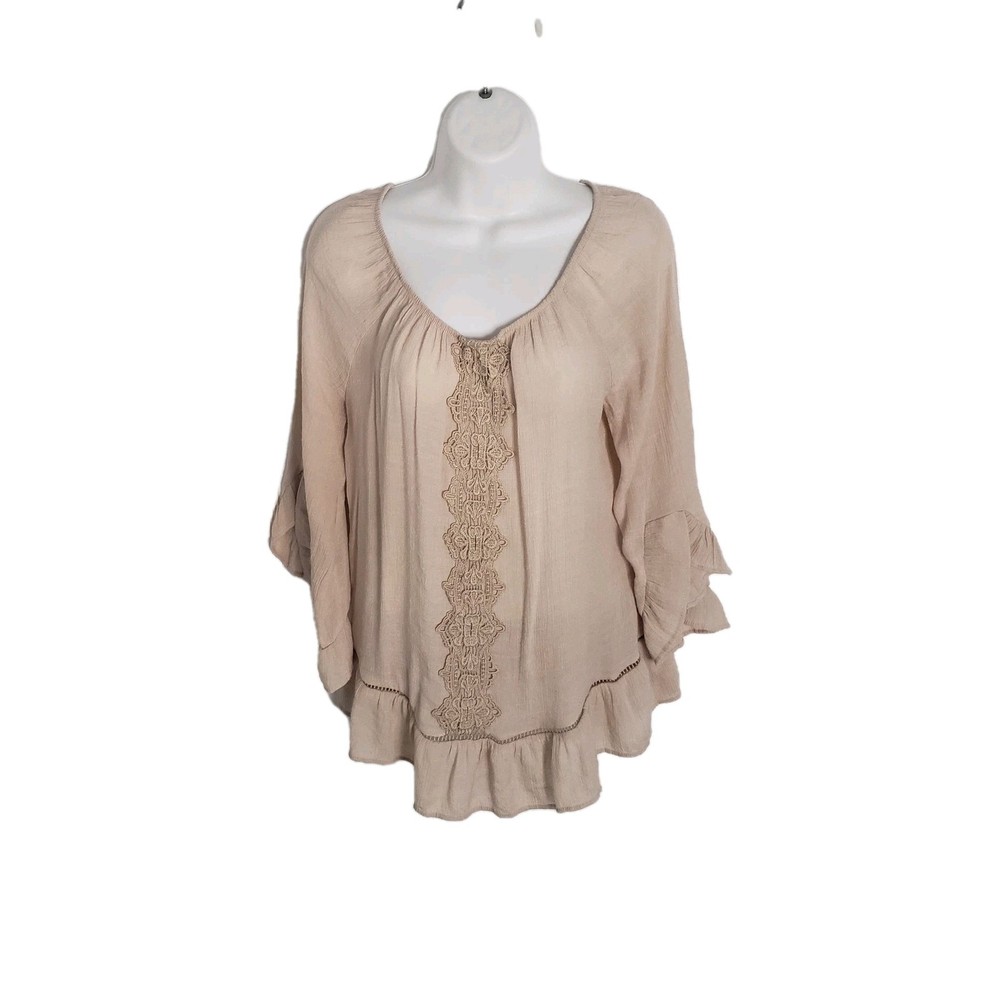 Counterparts Boho Top Womens Size M Beige Bell Sleeve Cottagecore Romantic Tunic