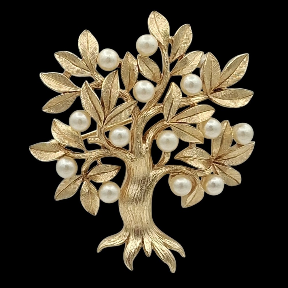 Vtg Crown Trifari Tree of Life Brooch Pin Gold Tone Faux Pearl 2