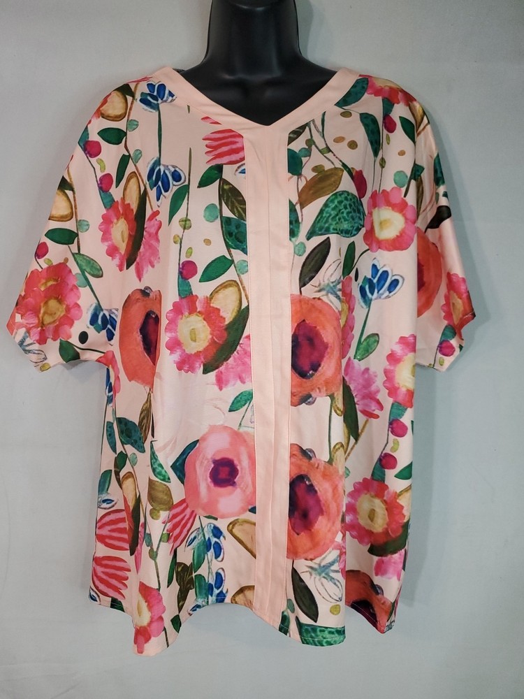 Peach Floral Pullover Blouse Women's Size Large V-neck Boho Short Sleeve