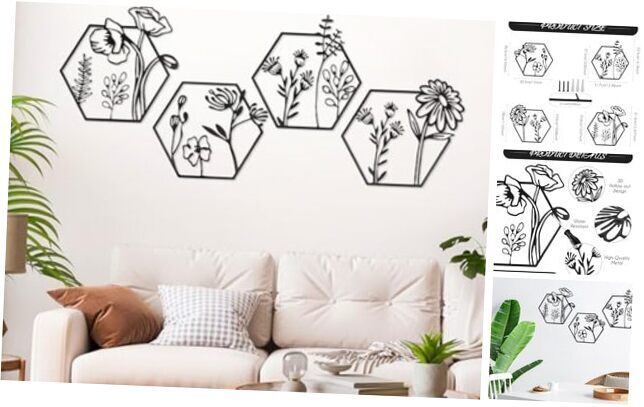 4 Pieces Metal Flowers Wall Art Decor Minimalist Floral Wall Hanging Black