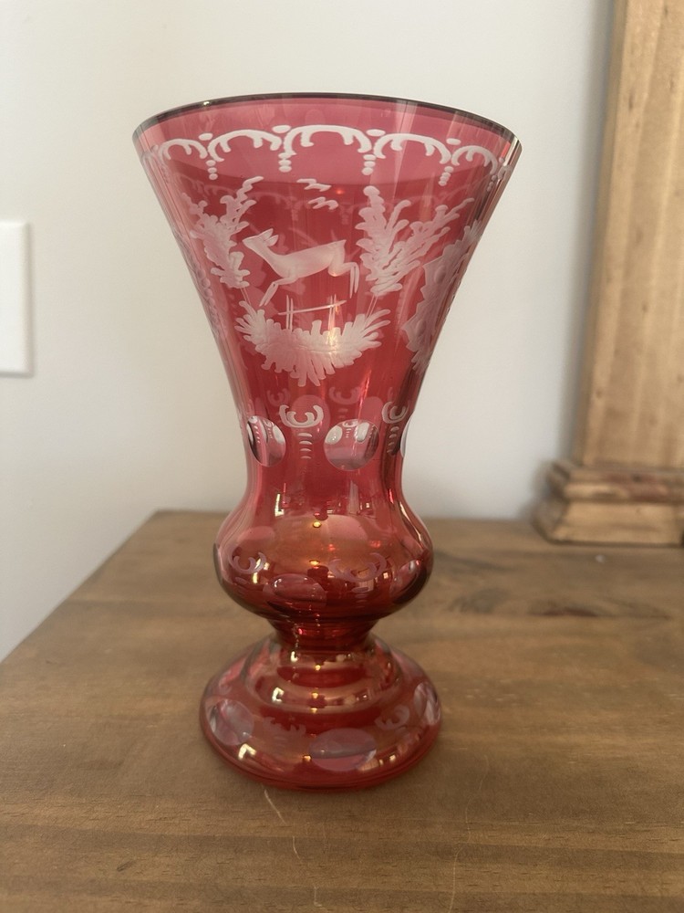 Vintage Egermann Bohemian Ruby Red Cut To Clear Etched Glass 8.5”T Deer And Bird