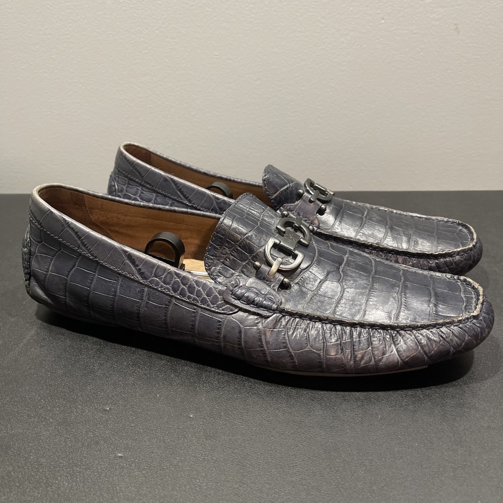 Donald Pliner Horsebit Mens 12M Dacio Driver Croc Blue Slip On Loafers Shoes