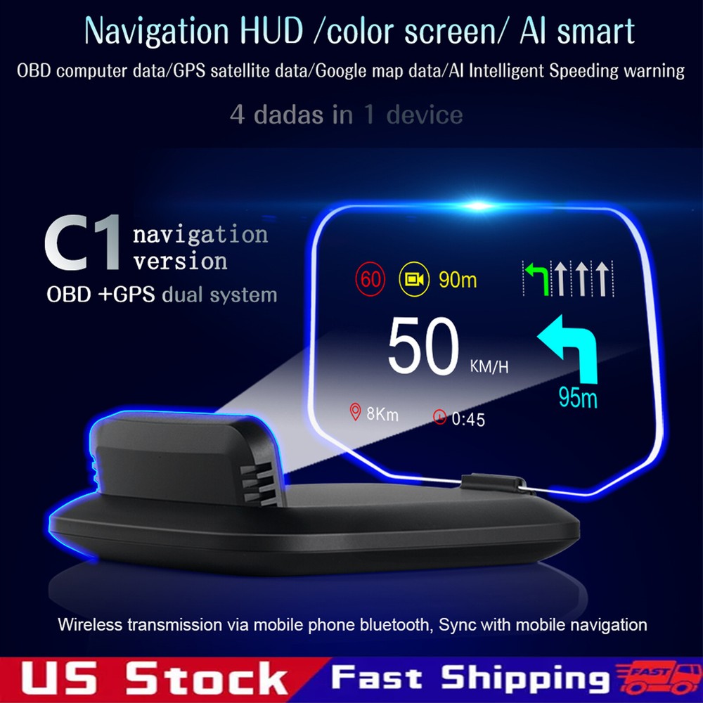 Car HUD Projector with GPS Speedometer OBD2 Navigation Odometer Display