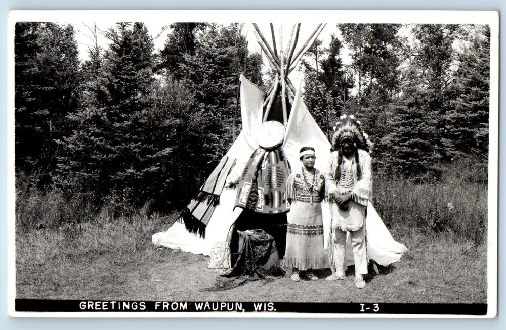Waupun Wisconsin WI Postcard RPPC Photo Greetings Teepee c1940's Vintage