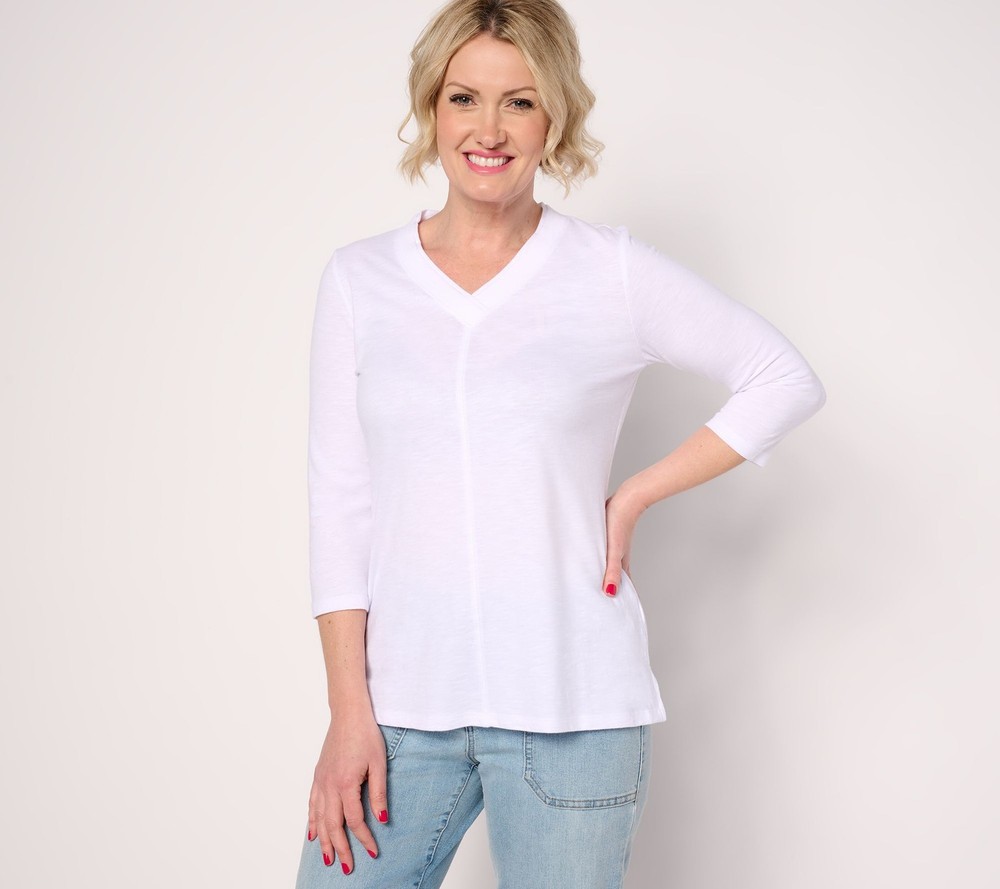 Gloria Vanderbilt Women's Top Sz L TripleLuxe Linen V-Neck Sleeve White A683207
