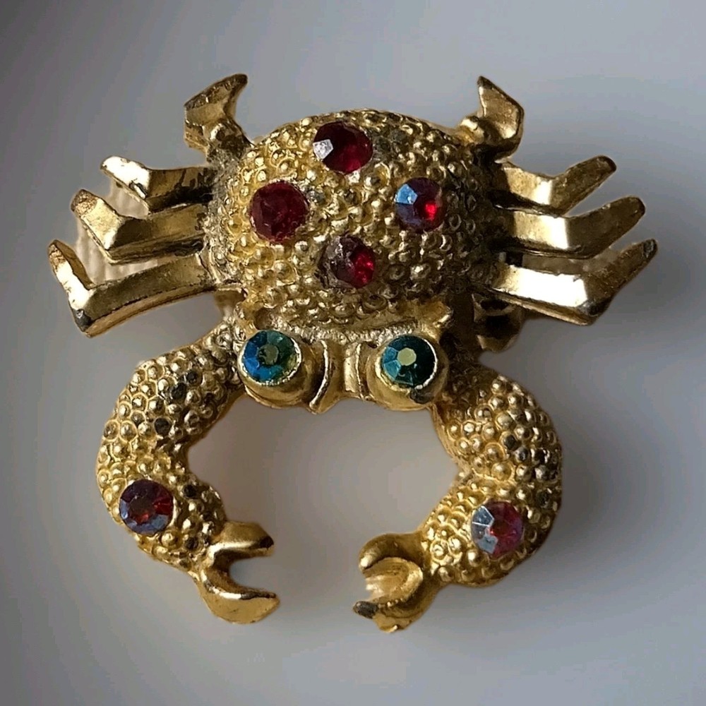 Vintage Golden Aurora Borealis Rhinestones Little Crab Pin Brooch